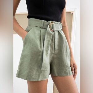 & Other Stories belted linen pleat short size 0 khaki